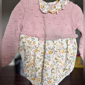 Pink Knit Baby Romper with Floral Bodice